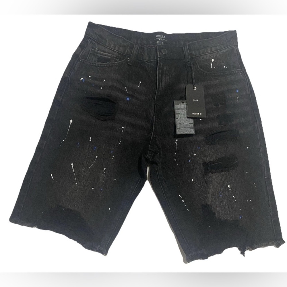 Forever 21 Size 30 Paint Splash Black Rip Denim Men's Shorts New With Tags NWT